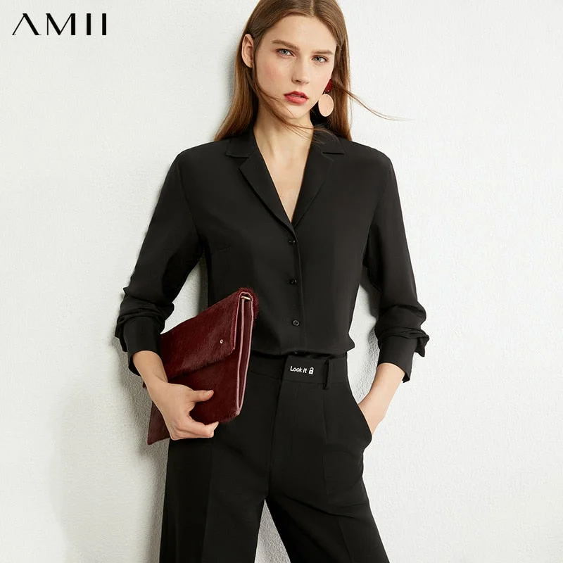 Graduation Gift  Awakecrm Minimalism Autumn Blouse For Women Fashion 100% Silk Vneck Button up Shirt Office Lady Vintage Blouses Female Tops 1332