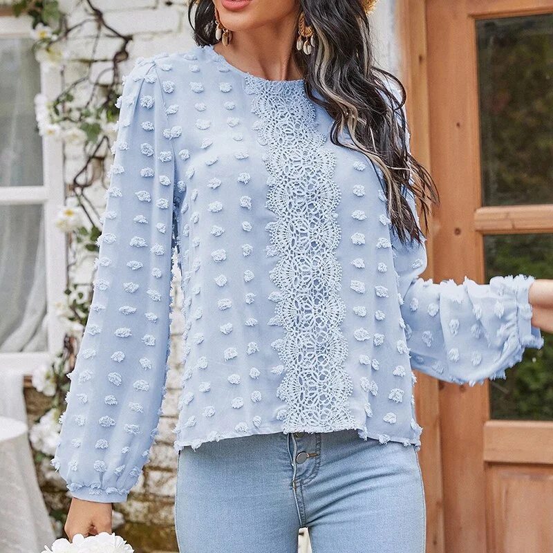 Autumn Blue Lace Round Neck Women Blouse Long Sleeves Causal Blouses Office Lady  Fashion Elegant Beach Female Tops New