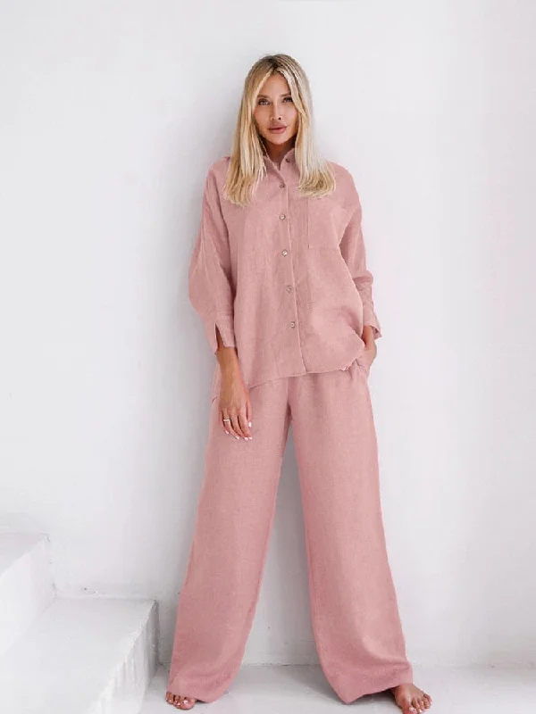 Awakecrm Cotton Line Long Sleeve Blouses 2 Piece Sets Women Pink Shirt Set  new Lady casual High Waist Pants Pajamas Suit