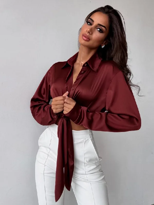 Awakecrm Sexy Lace Up Lapels Blouses Lady Vintage Long Sleeves Female Cropped Tops  Spring Casual Brown Party Club Shirts