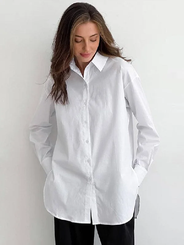 Awakecrm White Casual Loose Shirts Women Long Sleeve Turn Down Collar  Solid Blouses Cardigan  New Lady Chic Button-up Tops