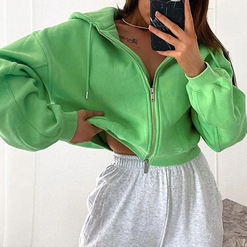 Awakecrm  Autumn Winter Women Green Long Sleeve Streetwear Hooded Zipper Sweatshirt Coats Loose Oversized Crop Top Short Jackets