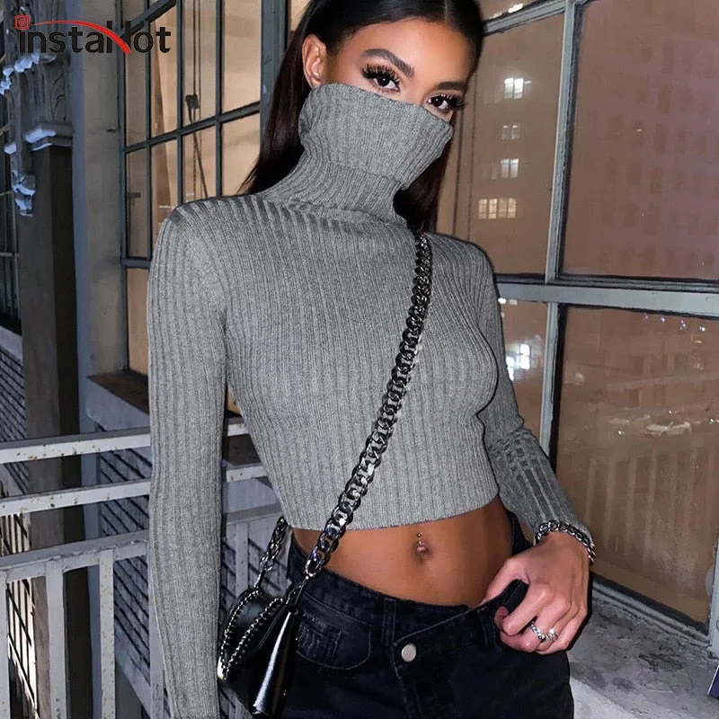 Awakecrm Christmas Gift InstaHot pullovers knitted sweater women casual turtleneck sweaters jumpers solid gray black female sweater knitwear crop top