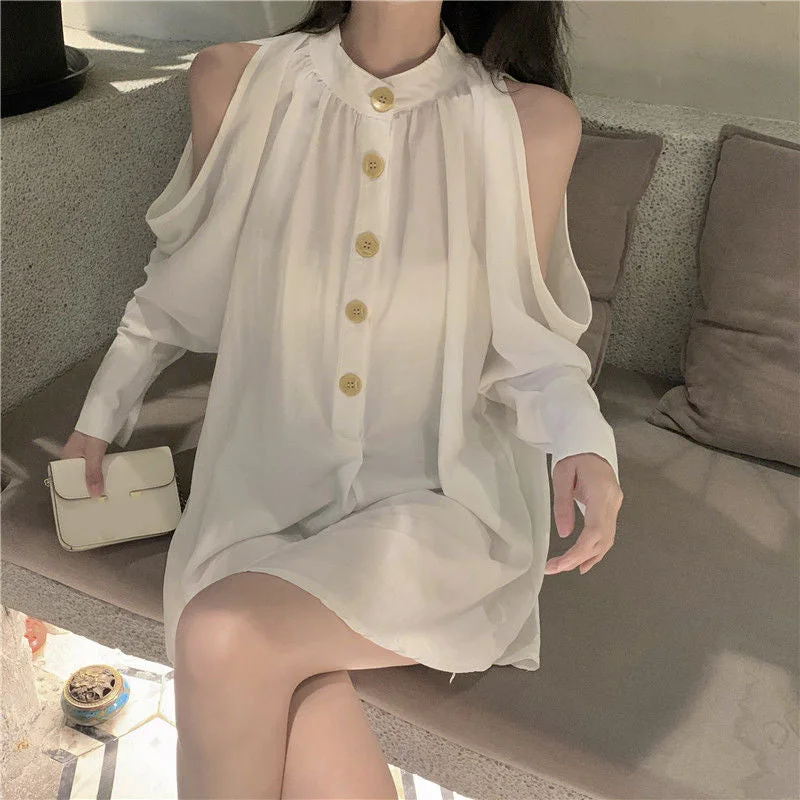 Awakecrm Deeptown Elegant White Women Blouses Casual Sexy Vintage Chic Off Shoulder Long Sleeve Shirt Dress Summer Female Fashion Loose