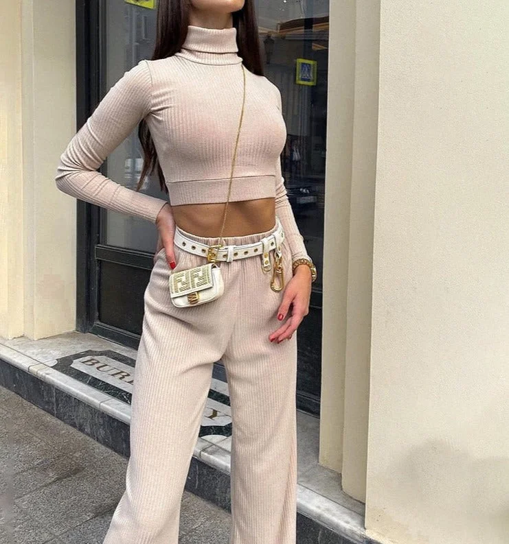 Awakecrm Casual Ribbed 2 Piece Set Women Matching Sets Turtleneck Long Sleeve Crop Top Wide Leg Pant Outfits Solid Fitness Suit