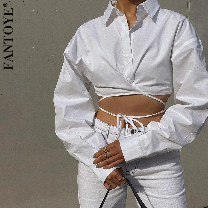 Awakecrm Turn-down Collar Bandage Button Women Blouses White Long Sleeve Sexy Short Blouses Ladies Summer Skinny Streetwear