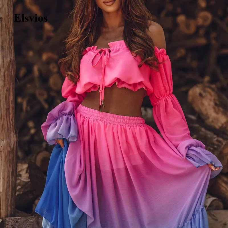 Fashion Gradient Long Skirt Beach Suits Spring Summer See-Through  Long Sleeve 2 Piece Sets Sexy Tie-Up Ruffle Crop Tops Outfits