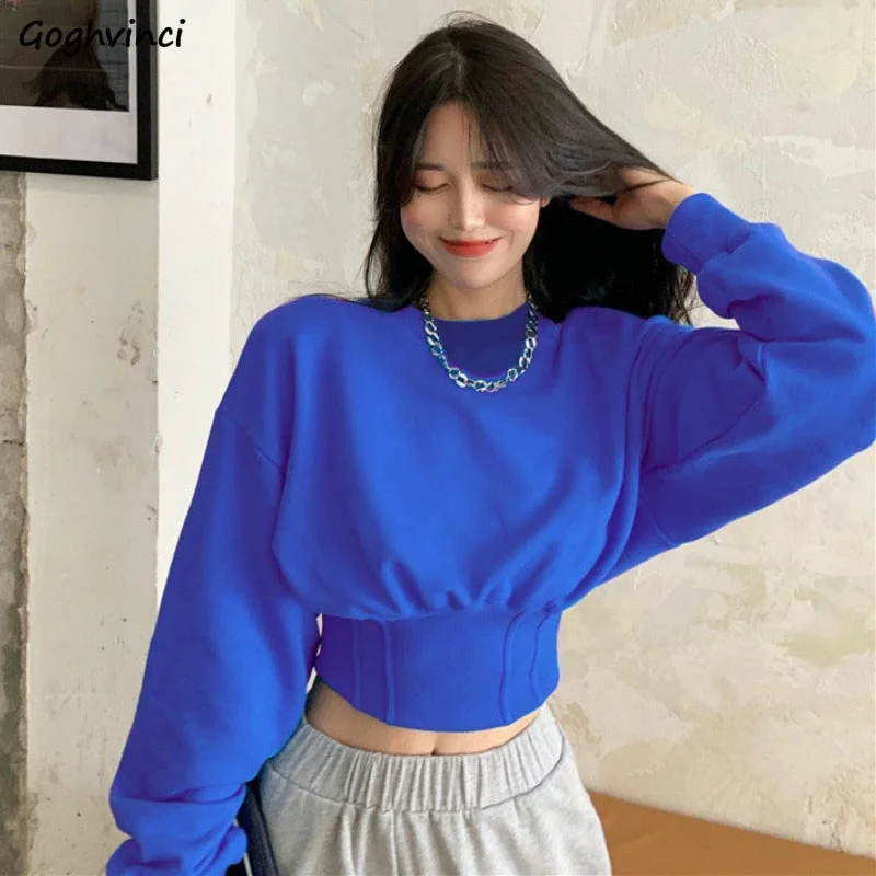 Hoodies Womens Loose O-Neck Crop Tops Thicken High Waist Harajuku Ulzzang Design Batwing Sleeve Sweatshirts Female Pullovers New