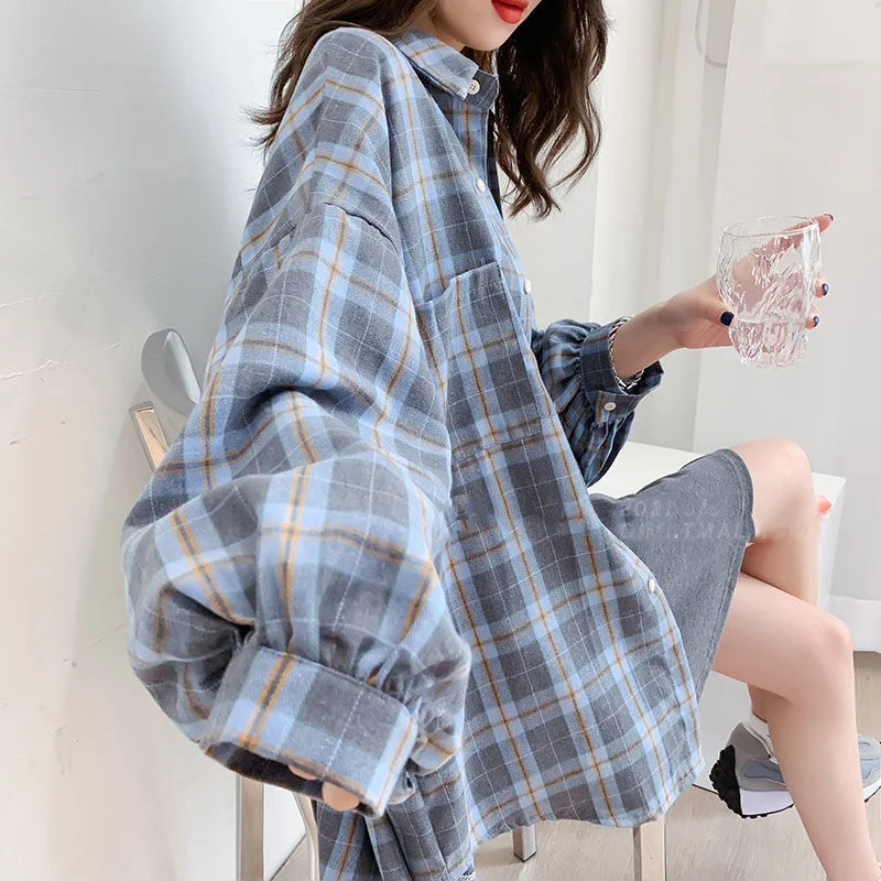 Awakecrm HOUZHOU Korean Style Basic Plaid Blouses Women Oversized Harajuku Daily All-Match Long Sleeve Chic Shirt Female Female Clothing