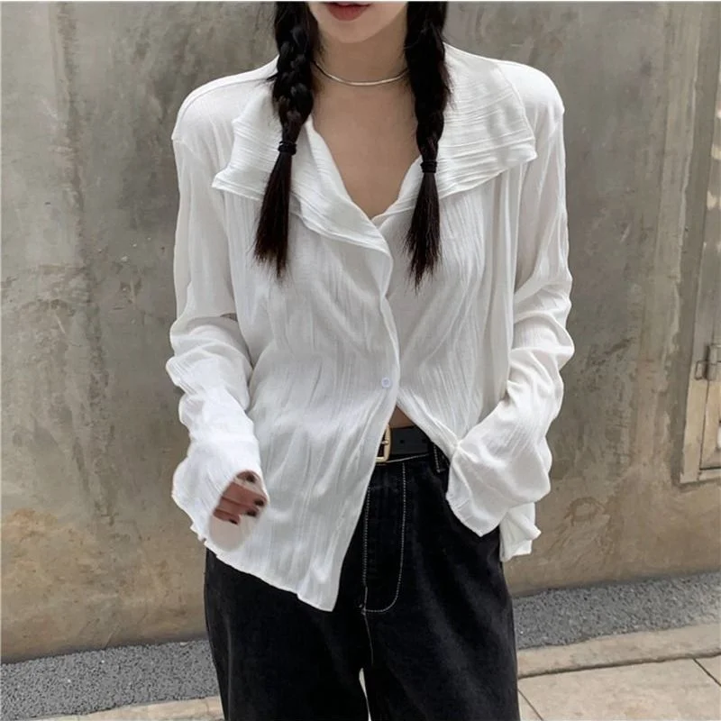 Awakecrm HOUZHOU White Blouses Women Elegant Shirt Female Aesthetic Y2k Harajuku Pleated Chic Long Sleeve Top Ladies Loose Korean Vintage