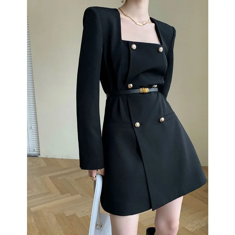 Joskka Autumn French Elegant Black Dress Women Office Lady Long Sleeve Chic Mini Dresses Female Korean Fashion One Piece Dress Fall Outfits