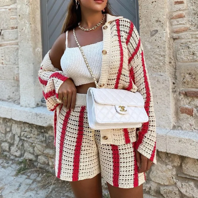 Joskka  Autumn Knitted Hollow Out Women Shorts Sets Long Sleeve Cardigan For Female And Red Stripe Shorts Loose Y2K Casual Sweater