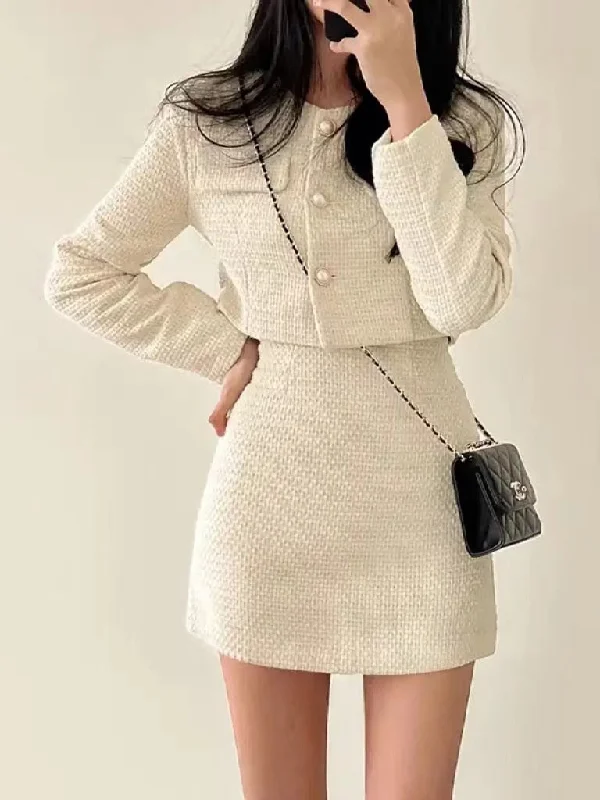 Joskka  Autumn Single Breasted Tweed Jackets Women Coat High Waist Mini Skirt 2 Piece Sets Spring Outfit Elegant Luxury Office Suit