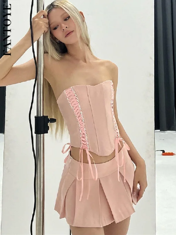 Joskka Casual Two Piece Sets Women Skir Suit Pink Strapless Lace Up Crop Top A-line Skirt Female Summer Outside Streetwear