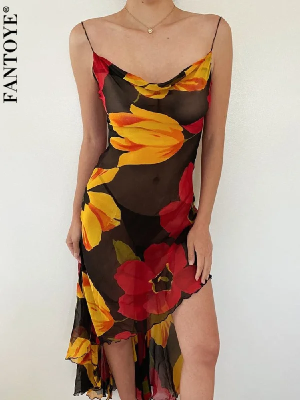 Joskka Chiffon Print Backless Women Summer Dress Spaghetti Strap See Through Dress Female Slim Vacation Outside Beachwear