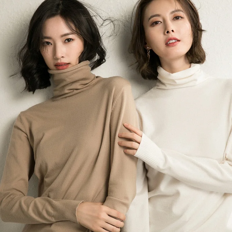 Joskka Fashion  Spring Summer Women Knitted Sweater Casual Turtleneck Slim Basic Jumper Femme Pullover