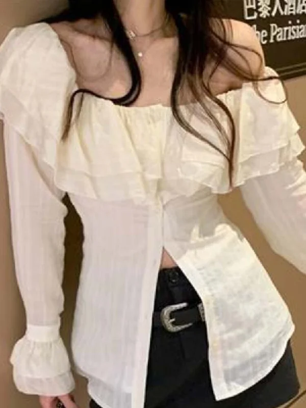 Joskka Korean Blouse Slash Neck Slim Chiffon Shirts Blusas De Mujer Ruffles Fashion Sweet Blouses Tops Femme Fall Outfits