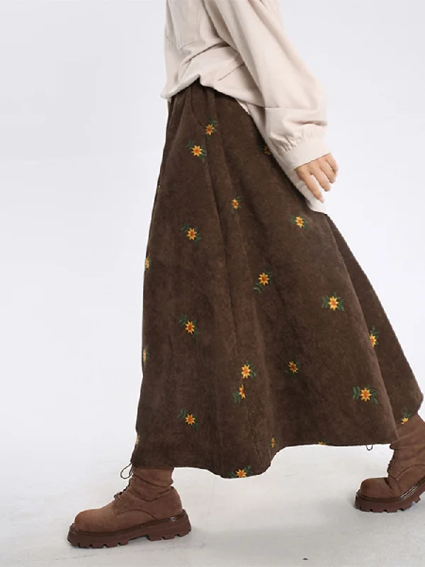 Joskka Korean Style High Waist Corduroy Embroidery Long Skirt Women Loose Floral A-line Skirt Casual Retro Skirt Elegant Fall Outfits