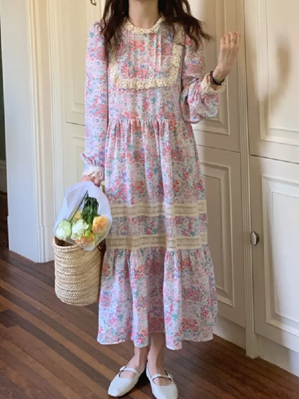 Joskka Lace French Vintage Dress Women Floral Print Elegant Sweet Long Dress Female Patchwork Puff Sleeve Dress Fall Outfits 2023