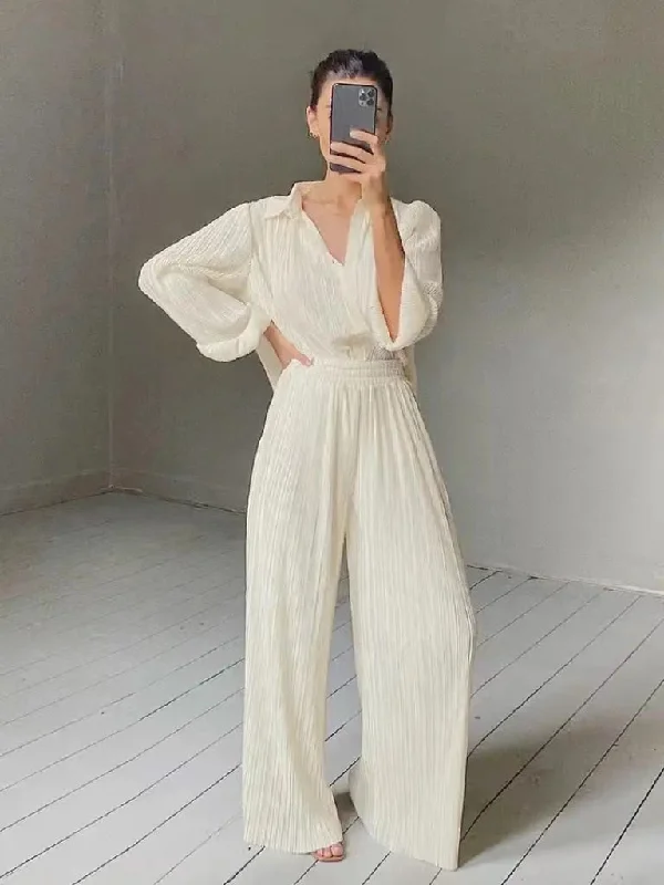 Joskka Large Size Homewear Women Elegant Pleated Two Piece Set Loose Long Sleeve Blouses And High Waist Wide Leg Pants Female Outfits