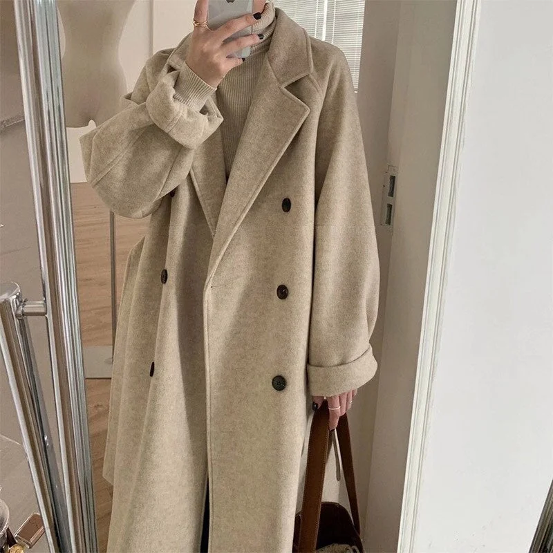 Joskka Long Section Tweed Coat Women Korean Fashion Commuter Lapel Loose Oversized Double-breasted Black Jacket Fall Outfits