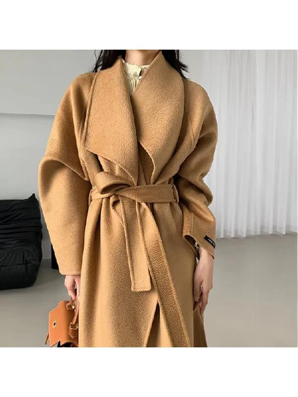 Joskka  New In Outerwear Water Ripple Double-Sided Long Women Loose Lacing Belt Bathrobe Style Woolen Jackets Fall Outfits