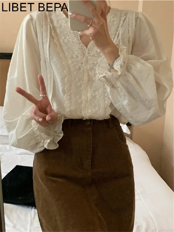 Joskka New  Korean Fashion Vintage Floral Sweet Lace Pagoda Sleeve Oversized Shirts Women Autumn Winter Elegant Blouses Tops