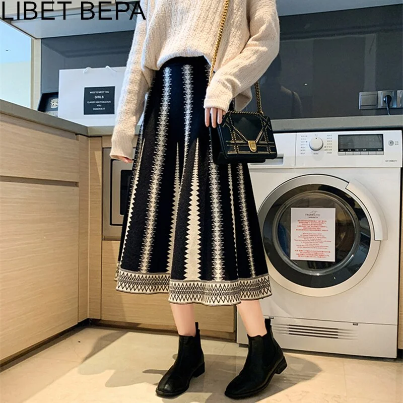 Joskka New  Women's Autunm Winter Skirt Knitted Elegant High Waist Fashionable Retro Warm Wild Vintage Fare Lady Long Skirts