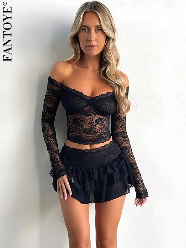 Joskka Off Shoulder Lace Women T-shirt Black See Through Print Floral T-shirt Female Autumn Skinny Elegant Streetwear