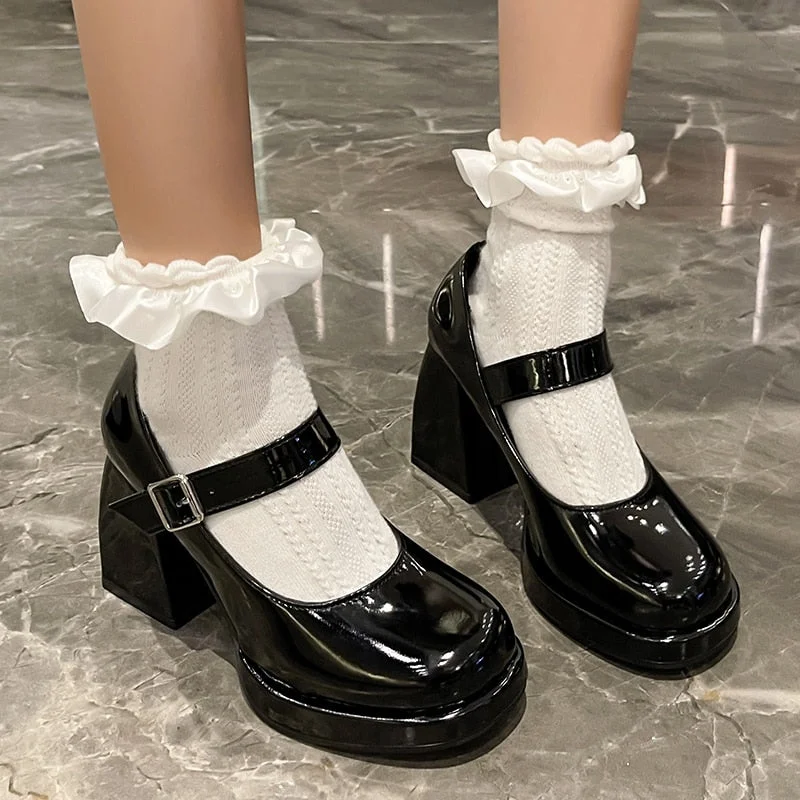 Joskka Patent Leather Platform Pumps Women Elegant Square Heels Mary Jane Shoes Woman Ankle Buckle High Heeled Shoes Female