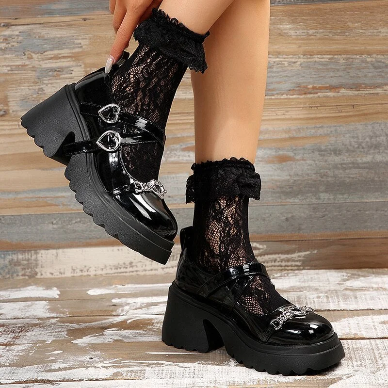 Joskka Punk Dark Mary Jane Lolita Shoes Women Metal Decorative Chunky Platform Shoes Woman Double Buckle Patent Leather Pumps Autumn Shoes