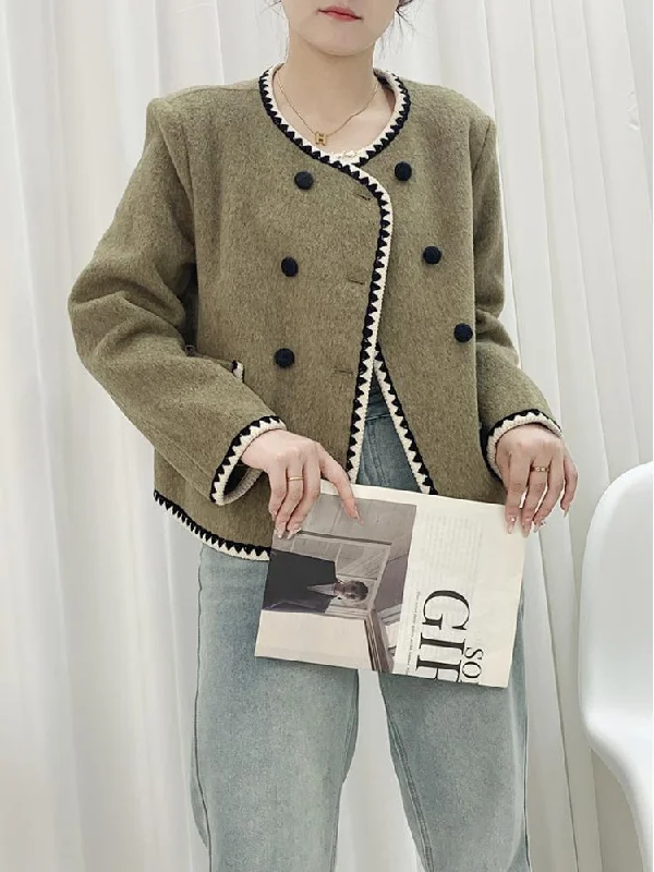 Joskka Shell Needle Wrapped Short Woolen Jackets O Neck Loose Binding Double-Breasted Women Wool Coats Outerwear Fall Outfits