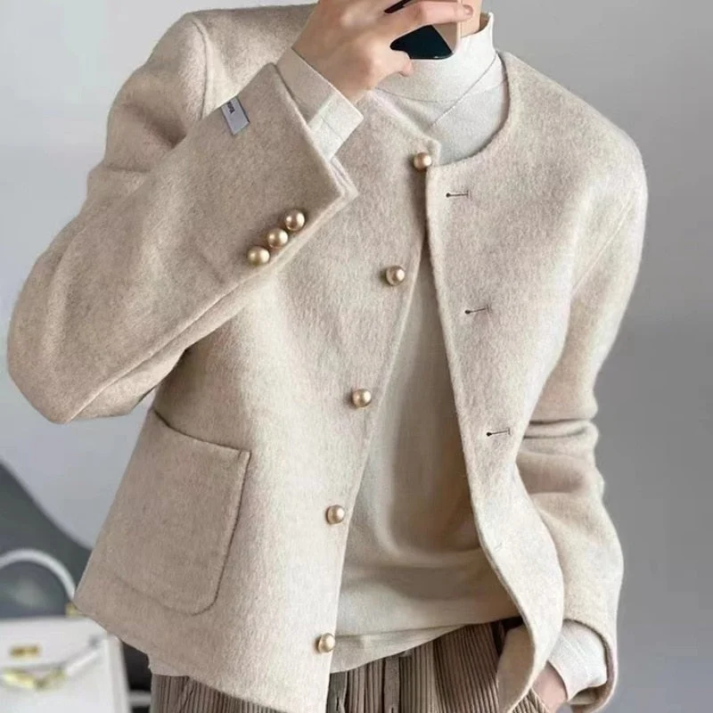 Joskka Short Tweed Jacket Women Commuter Luxury Double-sided Tweed Jacket Round Collar Single-breasted Tops Coats Fall Outfits 2023