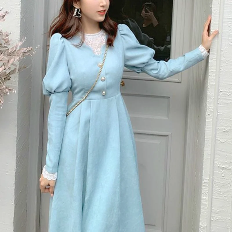 Joskka Spring Fall French Patchwork Dress Women Elegant Blue Lace Dress Female Puff Sleeve Kawaii Korean One-piece Dress