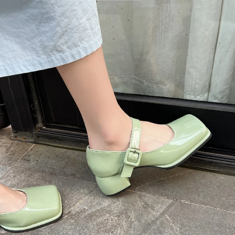 Joskka Square Toe Women Mary Janes  Woman Buckle Strap Pumps Ladies Fashion Patent Leather Mid Heels New Female Non Slip Shoes