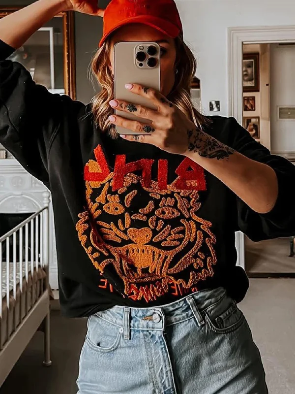 Joskka Tiger Embroidery Sweatshirts for Women Fashion Hooded Pullovers Vintage Female Loose Sweatshirt Hoodies Tops  Spring Autumn