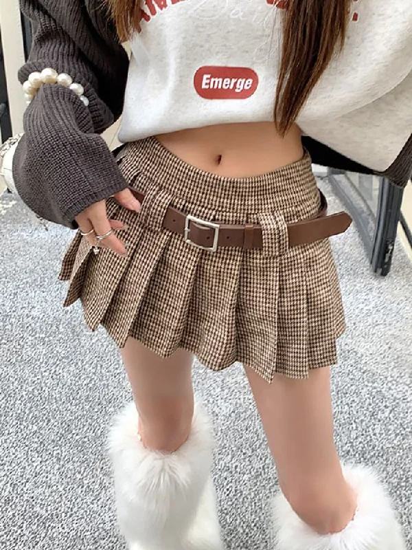 Joskka Vintage Brown Plaid Skirt Women High Waist Belt Korean Houndstooth A-line Pleated Mini Skirt Preppy Style Fall Outfits