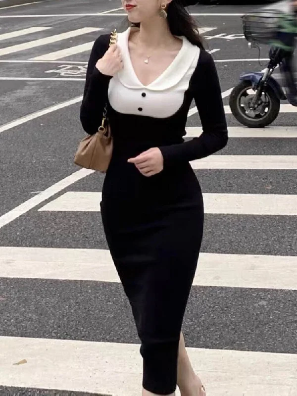 Joskka Vintage Elegant Knitted Dress Women Bodycon Black Korean Chic Midi Dress Female Long Sleeve Evening Party Dress Fall Outfits