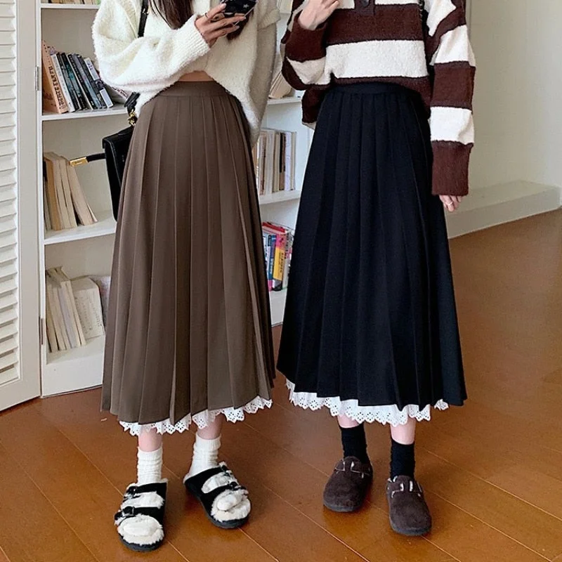 Joskka Vintage Lace Pleated Skirt Women Autumn Winter  Korean Fashion Loose Patchwork High Waist A-line Long Skirt Casual