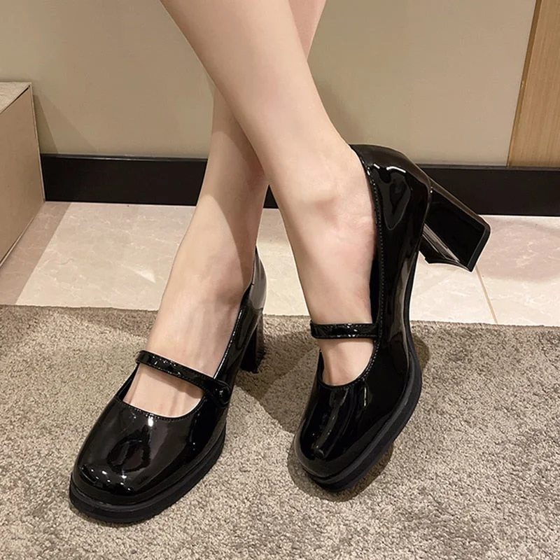 Joskka Vintage Thick High Heels Mary Jane Shoes Women  Patent Leather Brown Shoes Woman Round Toe Chunky Heels Pumps Autumn Shoes