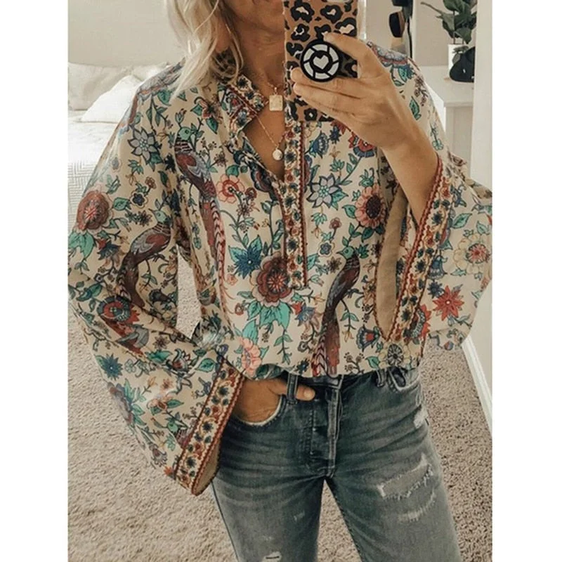 Joskka  Women Print Blouses Casual Loose Tops Stand V Neck Long Sleeves Button Plus Size Pullover Female Tee Shirts Blouse Fall Outfits