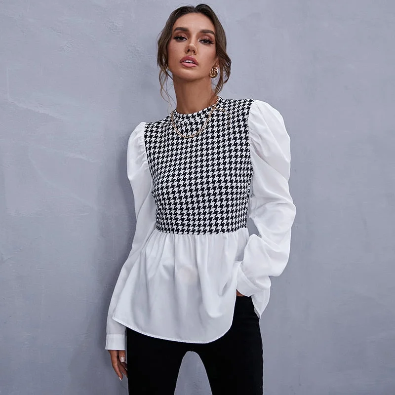 Joskka Women Shirt Fashion Houndstooth Shirt Casual Stitching Long Sleeve Plaid Shirt Chic Office Ladies Blouses Fall Outfits