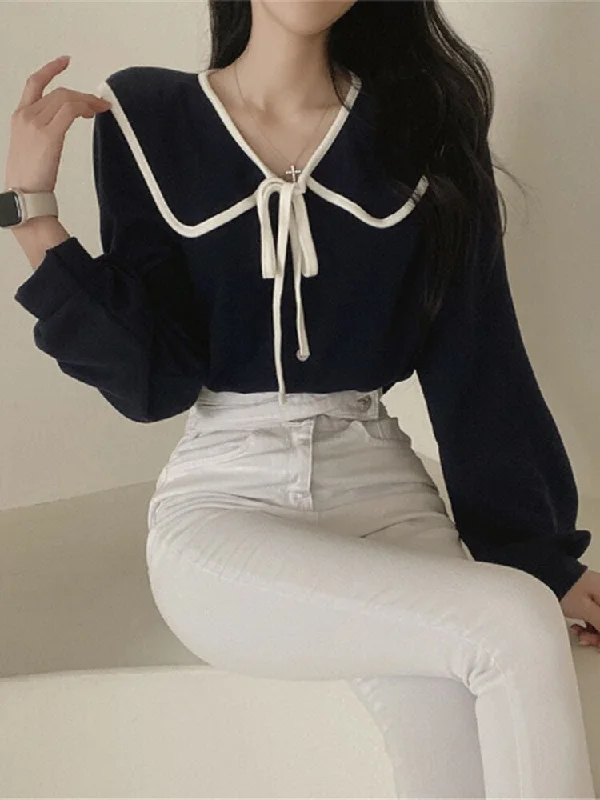 Joskka Women Shirts Autumn Long Sleeve Top Ladies Sweet Lace Up Doll Collar Shirt Female Korean Style Elegant Single Breasted Blouse