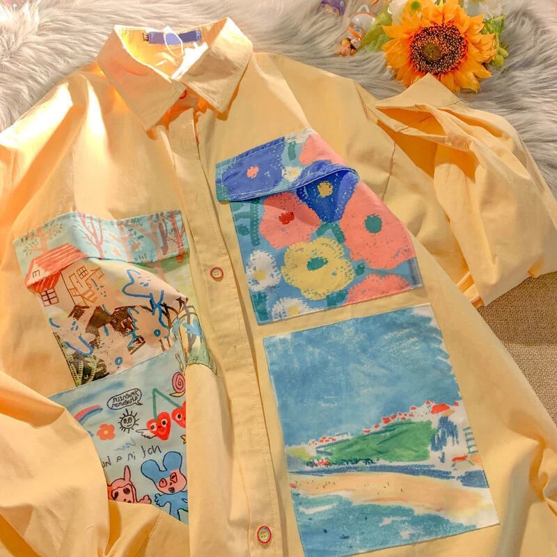 Joskka  Yellow Oil Painting Print Shirts Women Spring Autumn Thin Loose Button Up Blouses Long Sleeved Oversize Shirt for Teenage Girls