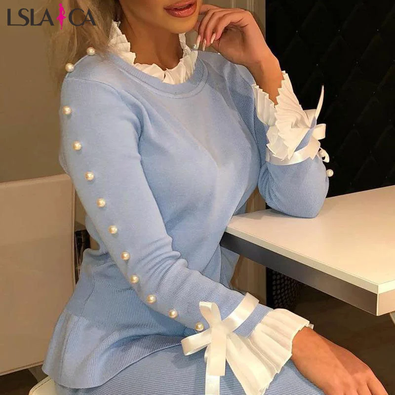 Women long sleeve shirts Bowknot Buttoned Bell Cuff Blouse women blouses casual elegant knit wild office splicing blouses women