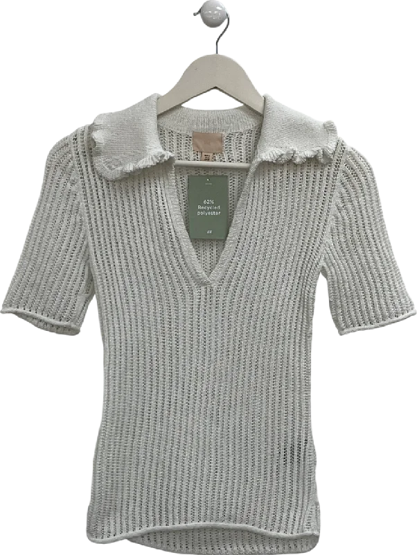 H&M White Open Crochet Polo Shirt UK XS