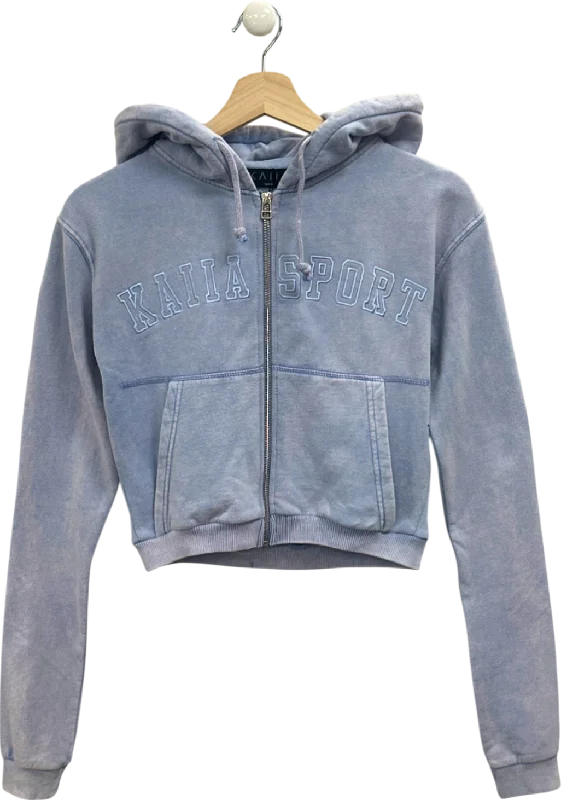 Kaiia Washed Blue Applique Logo Zip Through Crop Hoodie UK 8