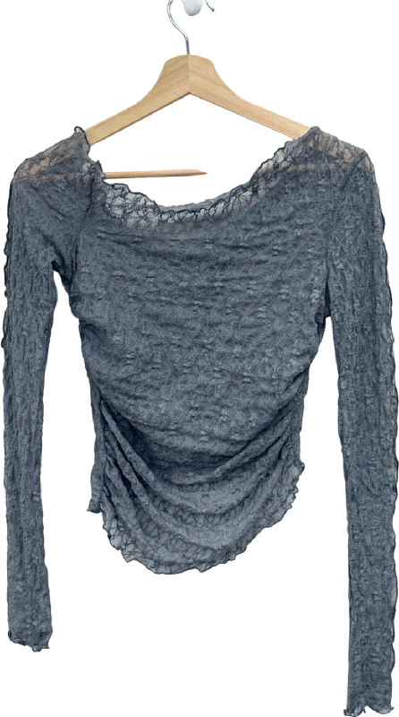 Pretty Little Thing Charcoal Textured Lace Off The Shoulder Long Top UK 8