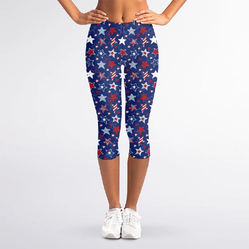 4th of July American Star Pattern Print Women's Capri Leggings