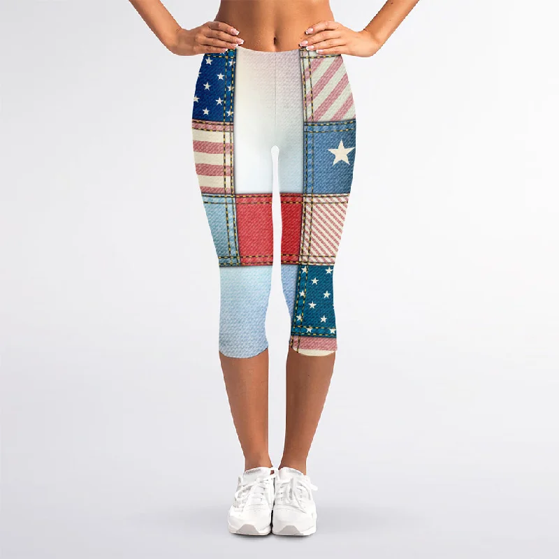 4th of July USA Denim Patchwork Print Women's Capri Leggings